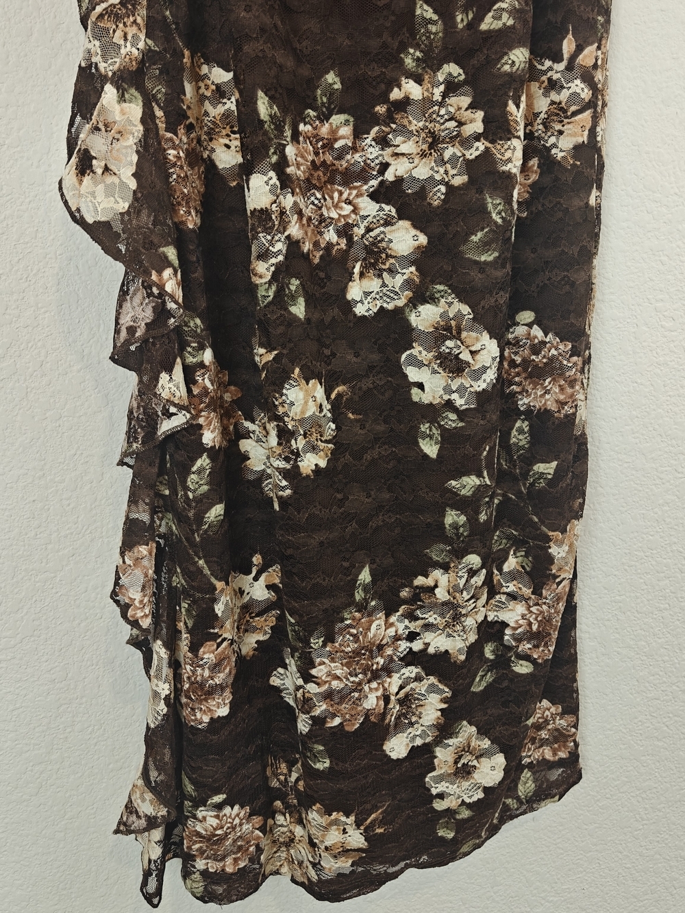 J for Justify Floral Lace Strapless Midi Dress Brown Romantic Ruffle Side Slit M - Picture 12 of 16